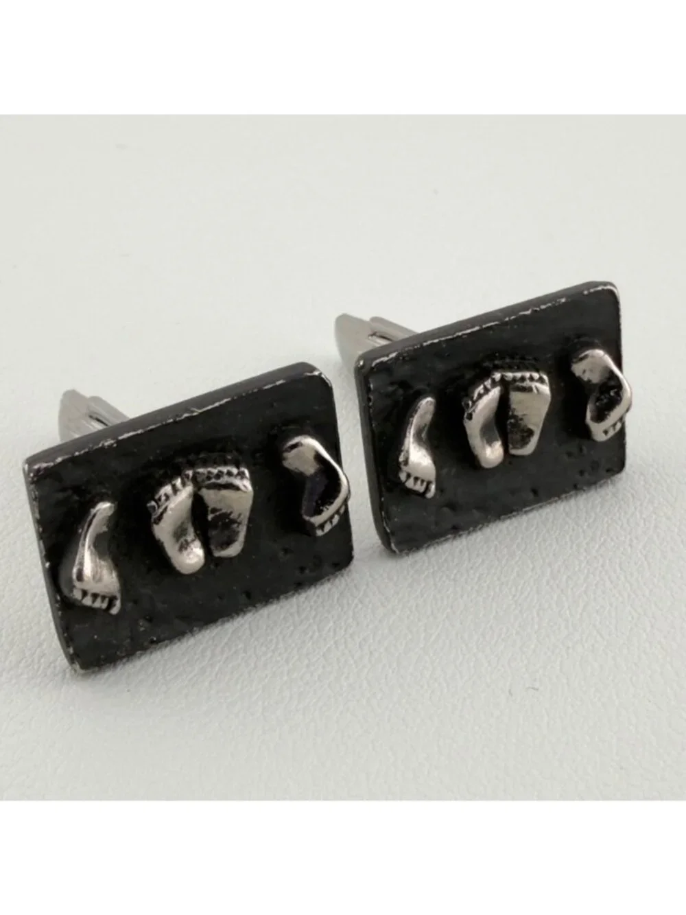 Vintage Black Silver Tone Rectangle Baby Feet Cuff Links